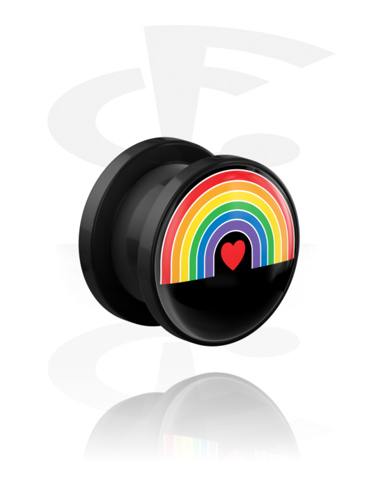 Tunnlar & Pluggar, Screw-on tunnel (acrylic,black) med heart motif in rainbow colours, Akryl