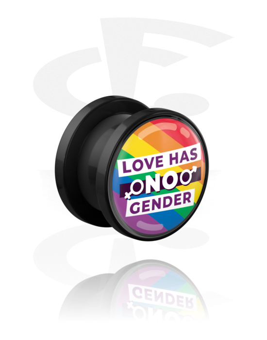 Tunnels & Plugs, Screw-on tunnel (acrylic, black) with "Love has no gender" lettering, Acrylic