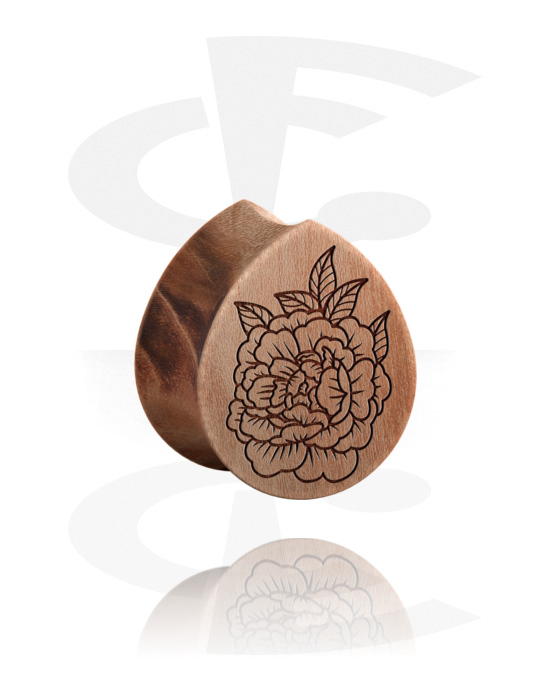 Tunnelit & plugit, Tear-shaped double flared plug (wood) kanssa flower design, Puu