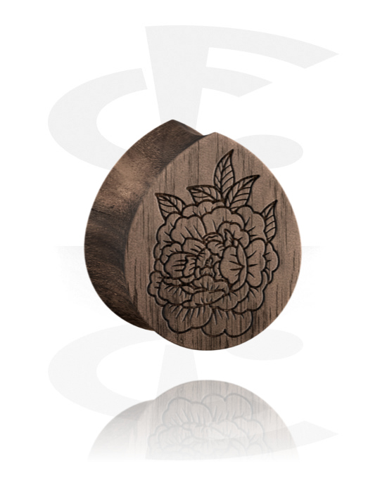 Tunele & plugi, Tear-shaped double flared plug (wood) z flower design, Drewno