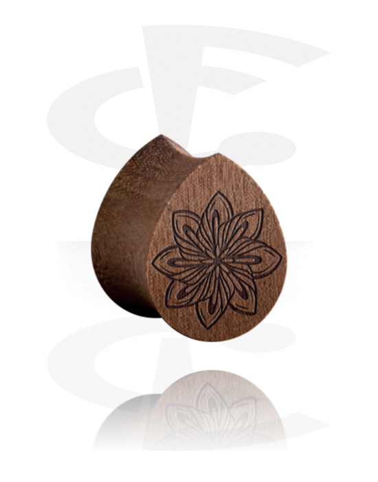 Tunnels & Plugs, Tear-shaped double flared plug (wood) with laser engraving "flower", Wood