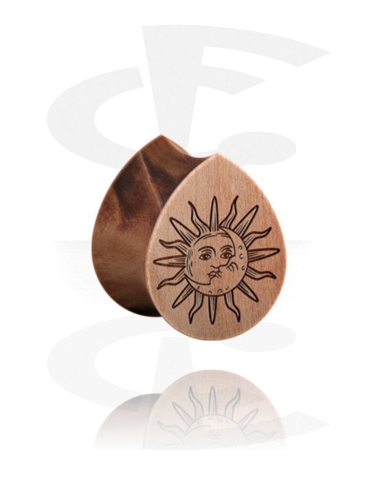 Tunnels & Plugs, Tear-shaped double flared plug (wood) with laser engraving "sun and moon", Wood