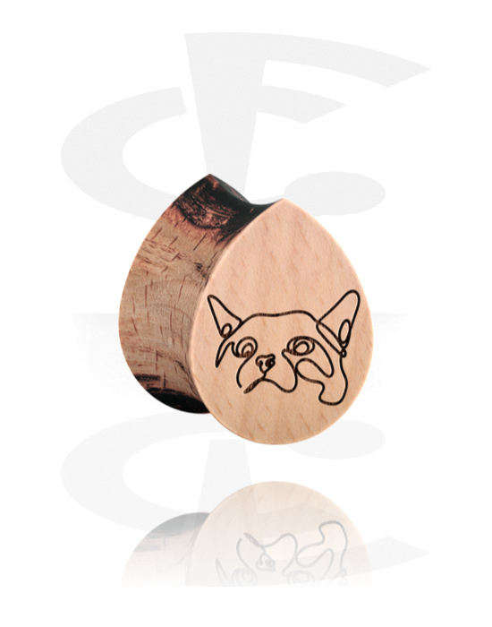 Tunnels & Plugs, Tear-shaped double flared plug (wood) with laser engraving "dog", Wood