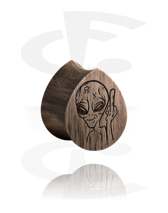 Tunneler & plugger, Tear-shaped double flared plug (wood) med laser engraving "alien", Wood