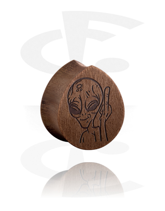 Tunnelit & plugit, Tear-shaped double flared plug (wood) kanssa laser engraving "alien", Puu