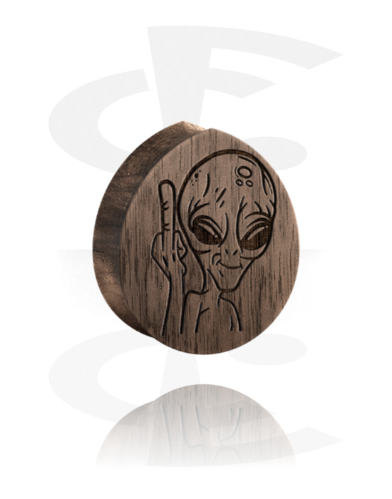 Tunnelit & plugit, Tear-shaped double flared plug (wood) kanssa laser engraving "alien", Puu