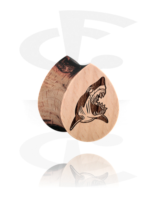 Tunnels & Plugs, Tear-shaped double flared plug (wood) with laser engraving "shark", Wood