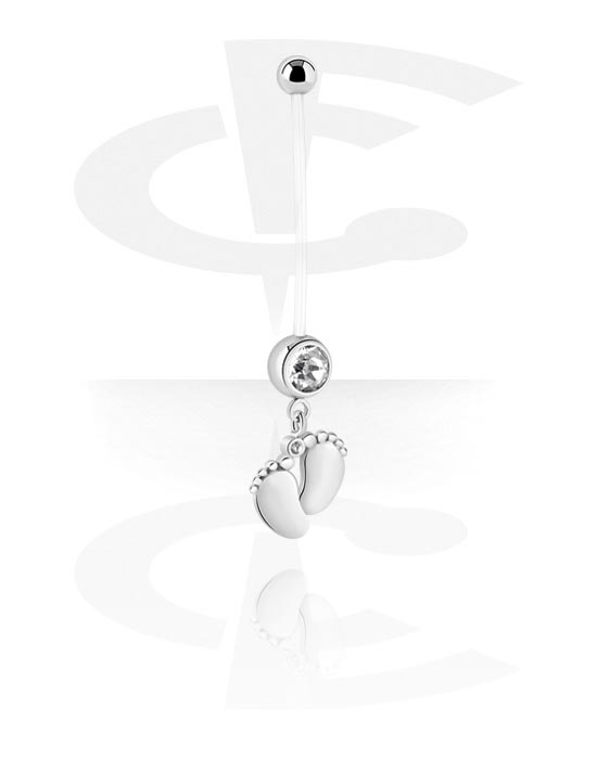 Curved Barbells, Pregnancy belly button ring (bioflex, transparent) with foot charm, PTFE ,  Surgical Steel 316L ,  Plated Brass