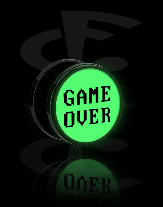 Tunneler & plugger, Screw-on tunnel (acrylic,black) med "Glow in the dark" attachment og "Game over" lettering, Acrylic