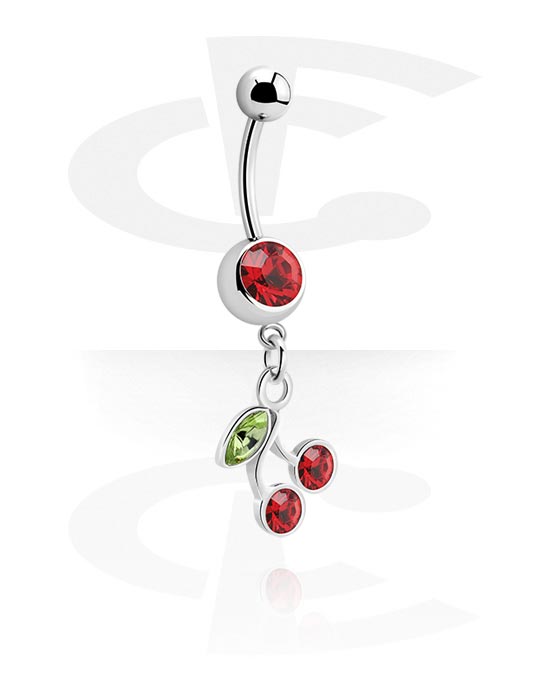 Curved Barbells, Belly button ring (surgical steel, silver, shiny finish) with cherry charm and crystal stones, Surgical Steel 316L