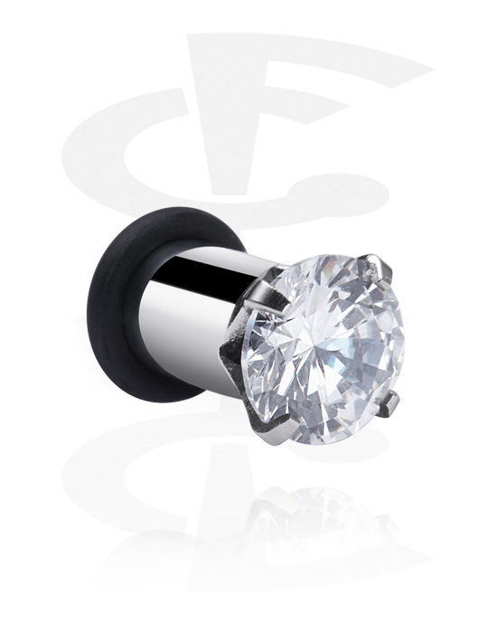 Tunele & plugi, Single flared tunnel (surgical steel, silver) z crystal stone i O-Ring, Stal chirurgiczna 316L