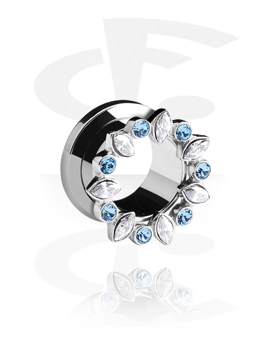 Tunele & plugi, Screw-on tunnel (surgical steel, silver) z crystal stones, Stal chirurgiczna 316L