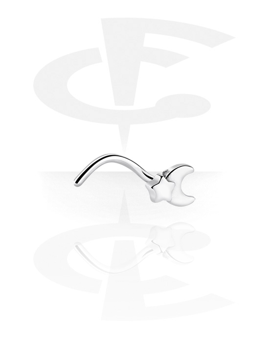 Nose Jewelry & Septums, Curved nose stud (surgical steel, silver, shiny finish) with moon attachment, Surgical Steel 316L