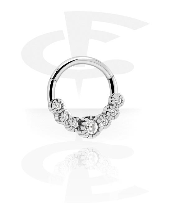 Piercing Rings, Piercing clicker (surgical steel, silver, shiny finish) with flower design and crystal stones, Surgical Steel 316L