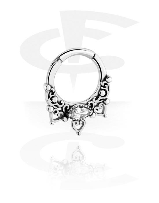 Piercing Rings, Piercing clicker (surgical steel, silver, shiny finish) with vintage design and crystal stone, Surgical Steel 316L