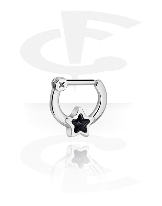 Nesestaver og -ringer, Septum clicker (surgical steel, silver, shiny finish) med star attachment og crystal stone, Surgical Steel 316L