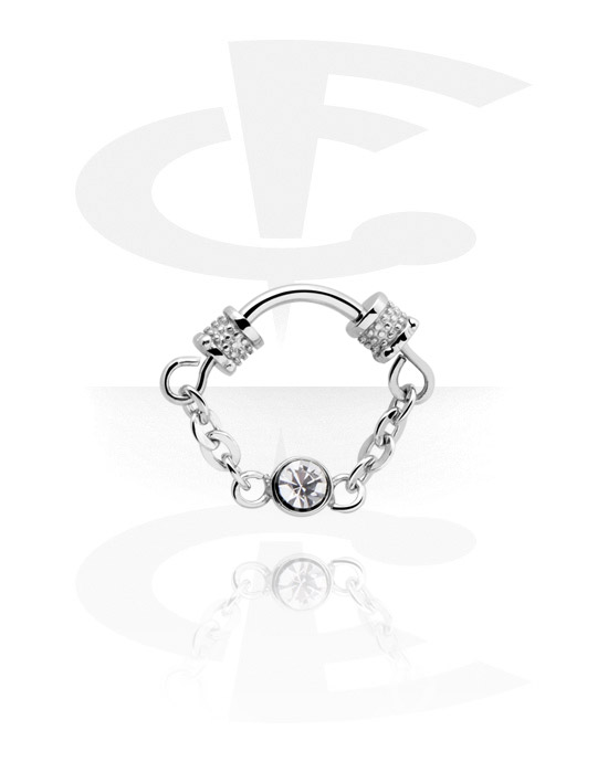 Piercingringer, Multi-Purpose Clicker med chain og crystal stone, Surgical Steel 316L