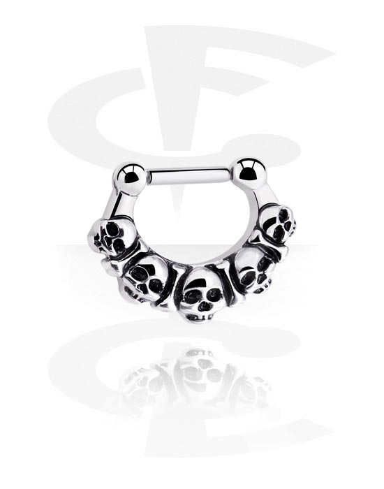 Nose Jewelry & Septums, Septum clicker (surgical steel, silver, shiny finish) with skulls, Surgical Steel 316L