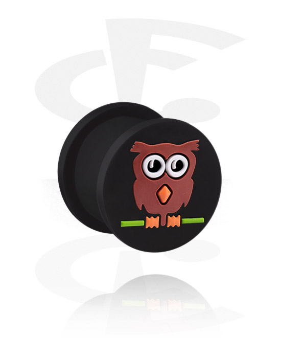 Tuneli & čepi, Ribbed plug (silicone, black) z cartoon design "owl", Silikon