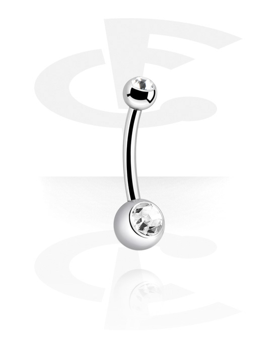 Curved Barbells, Belly button ring (titanium, silver, shiny finish) with balls and crystal stones, Titanium