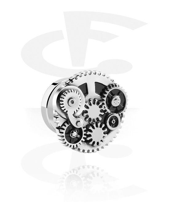 Tunneler & plugger, Screw-on tunnel (surgical steel, silver) med Steampunk Design, Surgical Steel 316L