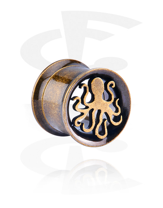 Tunneler & plugger, Double flared tunnel (surgical steel, antique copper) med Octopus Design, Surgical Steel 316L