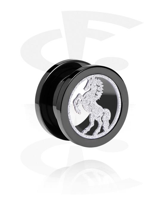Tunnels & Plugs, Screw-on tunnel (acrylic,black) avec Motif cheval, Acier chirurgical 316L