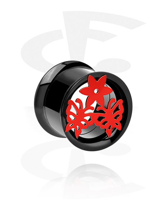 Tunneler & plugger, Double flared tunnel (acrylic, black) med Butterfly Design, Surgical Steel 316L