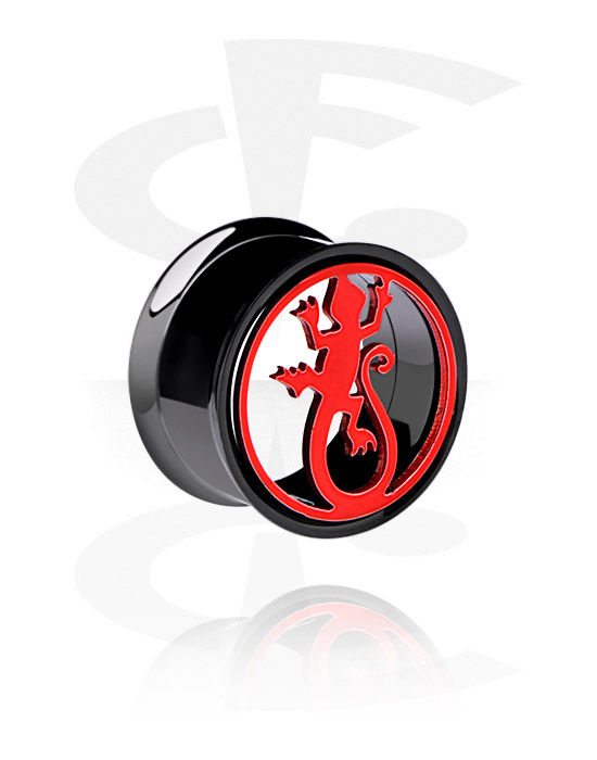 Tunnels & Plugs, Double flared tunnel (surgical steel, black) avec Accessoire gecko, Acier chirurgical 316L