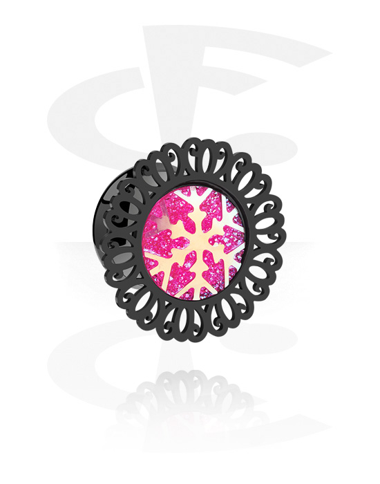 Tunnels & Plugs, Double flared tunnel (surgical steel, black, shiny finish) with snowflake design, Surgical Steel 316L
