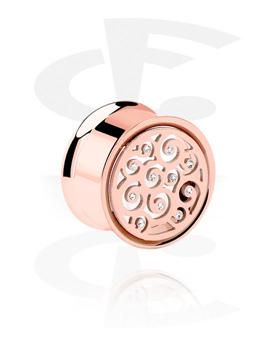 Tunneler & plugger, Double flared tunnel (surgical steel, rose gold) med crystal stones, Rosegold Plated Surgical Steel 316L
