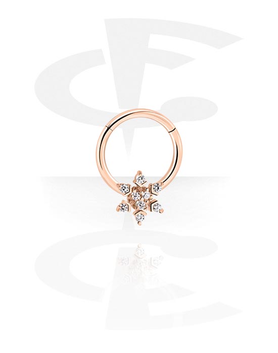 Piercing Rings, Piercing clicker (surgical steel, rose gold, shiny finish) with snowflake and crystal stones, Rose Gold Plated Surgical Steel 316L