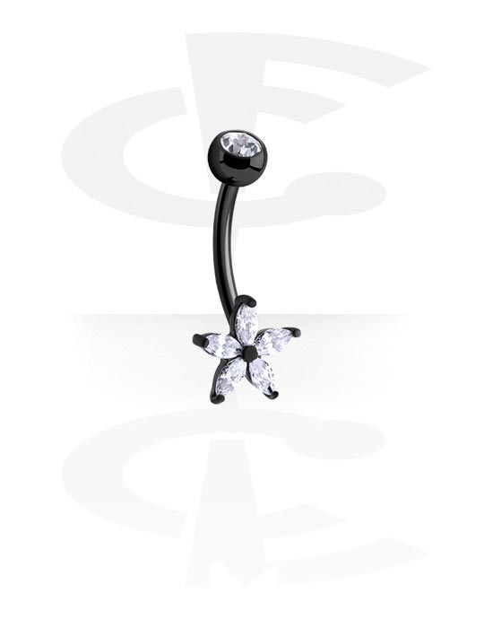 Curved Barbells, Belly button ring (surgical steel, black, shiny finish) with flower design and crystal stones, Surgical Steel 316L