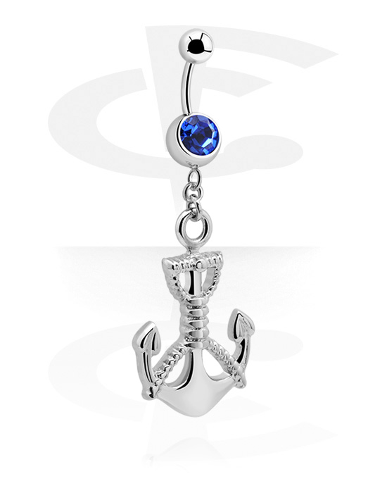 Bøyde barbeller, Belly button ring (surgical steel, silver, shiny finish) med anchor pendant og crystal stone, Surgical Steel 316L