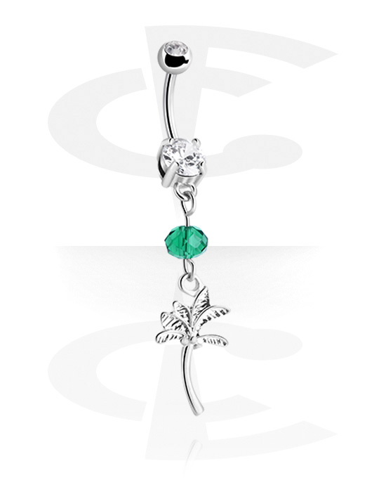 Curved Barbells, Belly button ring (surgical steel, silver, shiny finish) with palm tree charm and crystal stone, Surgical Steel 316L