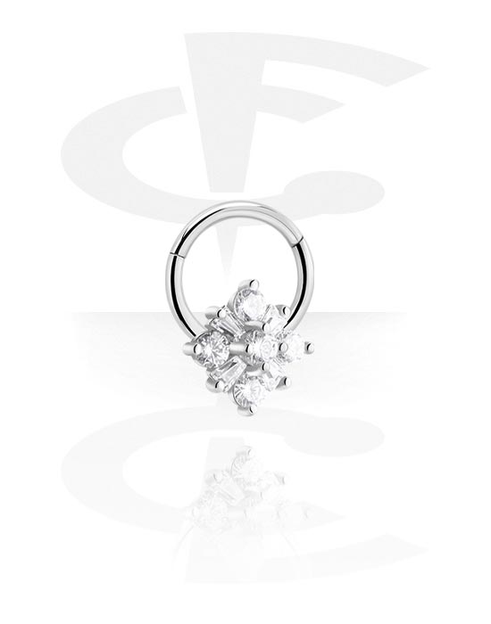 Piercing Rings, Piercing clicker (surgical steel, silver, shiny finish) with Flower and crystal stones, Surgical Steel 316L