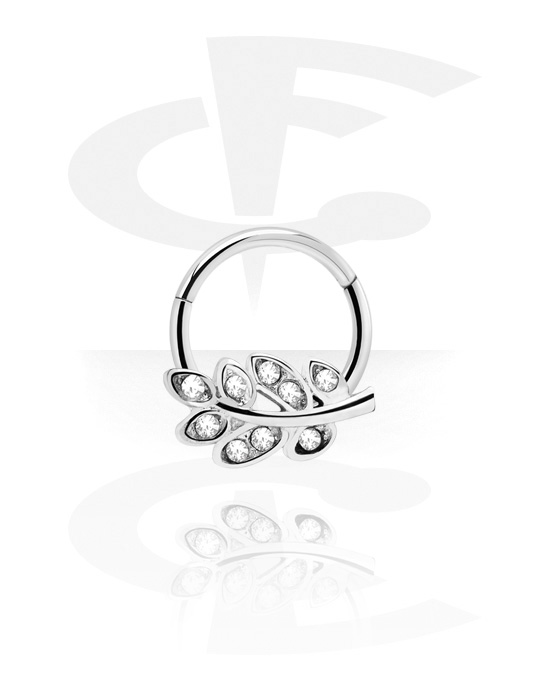 Renkaat, Multi-purpose clicker (surgical steel, silver, shiny finish) kanssa Leaf Design ja crystal stones, Kirurginteräs 316L