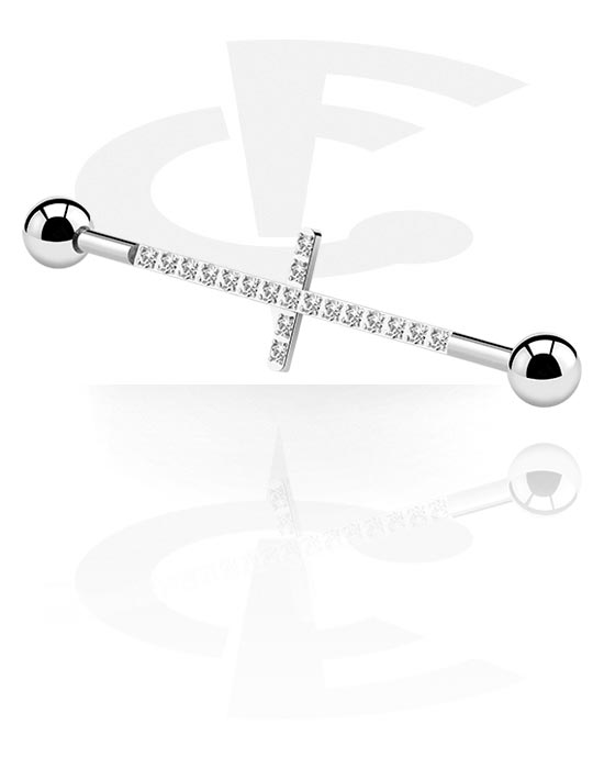 Barbells, Industrial Barbell with cross design and crystal stones, Surgical Steel 316L