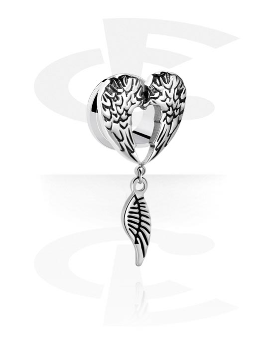 Tunnels & Plugs, Screw-on tunnel (surgical steel, silver, shiny finish) with heart design and wing charm, Surgical Steel 316L