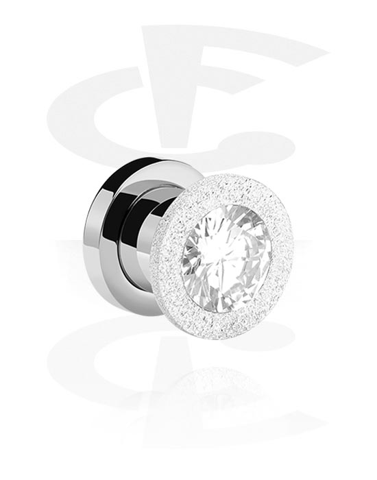 Tunneler & plugger, Screw-on tunnel (surgical steel, silver) med diamond look og crystal stone, Surgical Steel 316L