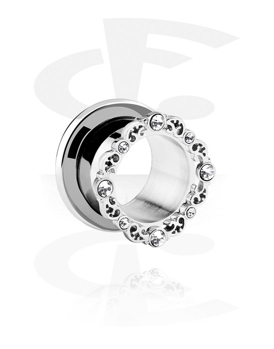 Tunnels & Plugs, Screw-on tunnel (surgical steel, silver) avec Pierres en cristal, Acier chirurgical 316L