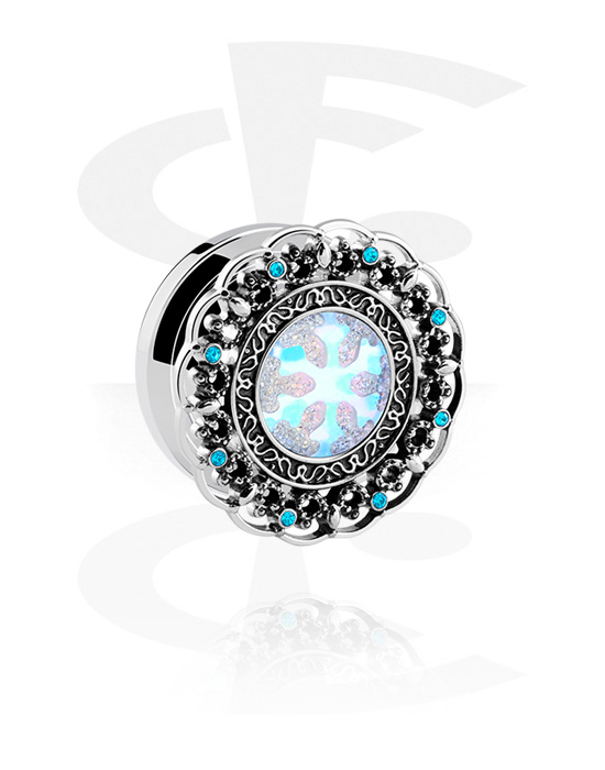 Tunnels & Plugs, Screw-on tunnel (surgical steel, silver, shiny finish) with snowflake design in various colors and crystal stones, Surgical Steel 316L