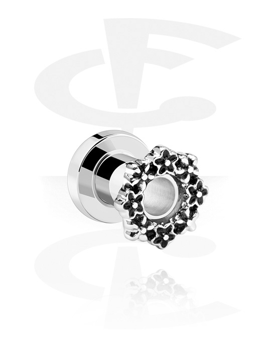 Tunnels & Plugs, Screw-on tunnel (surgical steel, silver, shiny finish) with flower attachment, Surgical Steel 316L