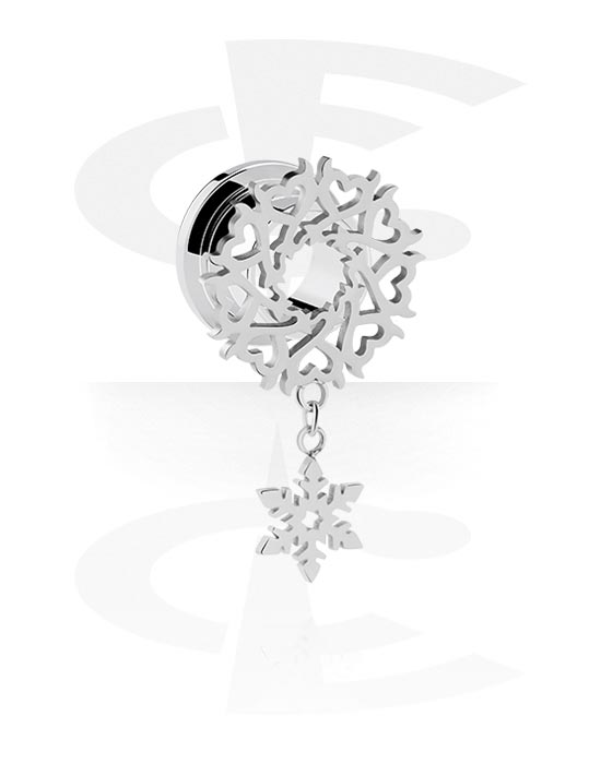 Tunnels & Plugs, Screw-on tunnel (surgical steel, silver, shiny finish) with heart design and snowflake charm, Surgical Steel 316L