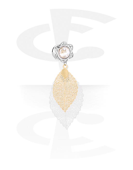 Tunele & plugi, Double flared tunnel (surgical steel, silver) z crystal stone i leaf charm, Stal chirurgiczna 316L
