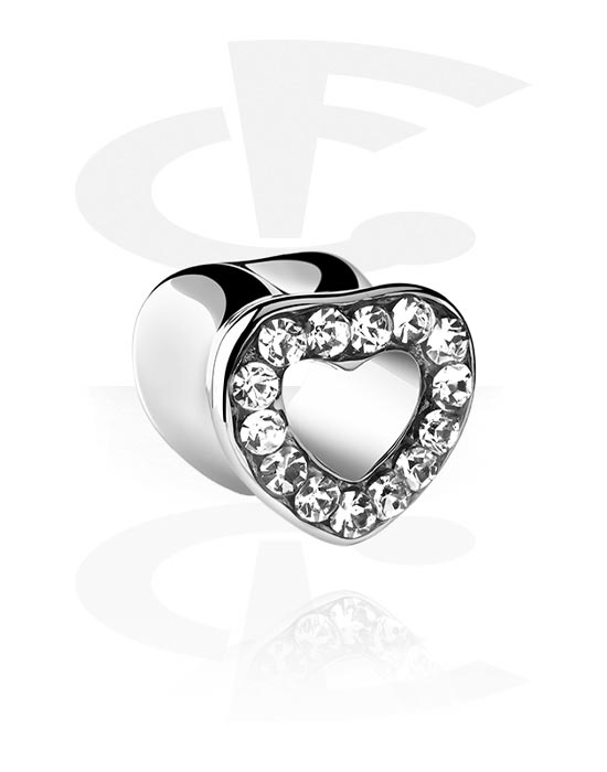 Tunneler & plugger, Heart-shaped double flared tunnel (surgical steel, silver, shiny finish) med crystal stones, Surgical Steel 316L