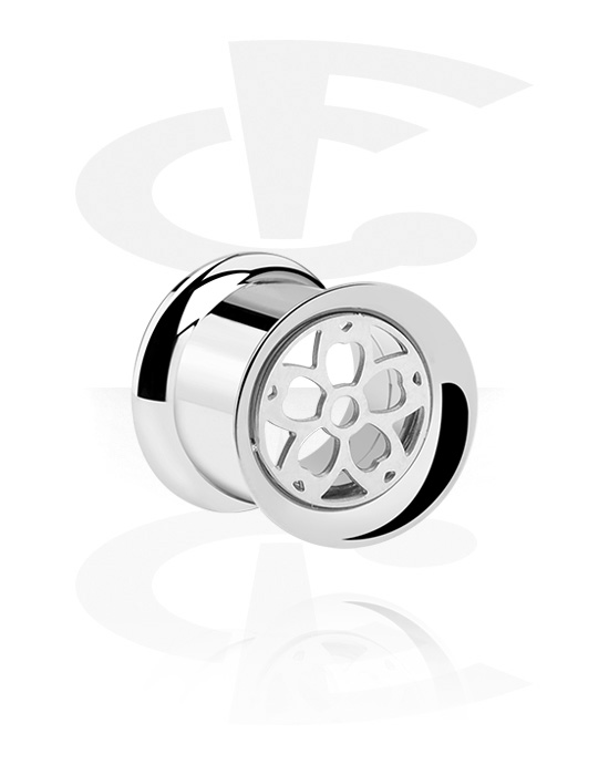 Tunneler & plugger, Double flared tunnel (surgical steel, silver) med flower design, Surgical Steel 316L