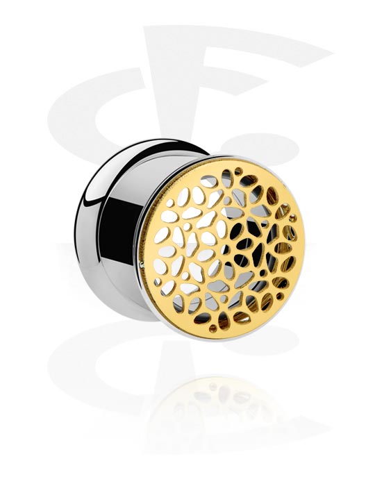 Tunnels & Plugs, Double flared tunnel (surgical steel, silver) avec golden flower attachment, Acier chirurgical 316L
