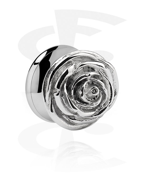 Tunneler & plugger, Double flared tunnel (surgical steel, silver) med rose attachment, Surgical Steel 316L