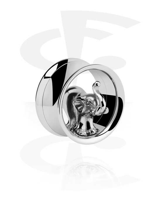 Tunneler & plugger, Double flared tunnel (surgical steel, silver) med Elephant design, Surgical Steel 316L